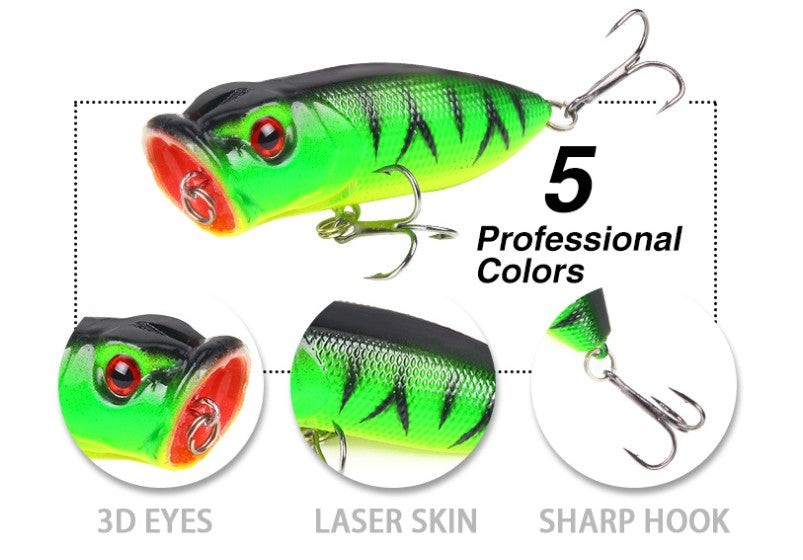 5-Piece Topwater Popper Fishing Lure Set | Multi-Color Artificial Bait for Freshwater & Saltwater Use
